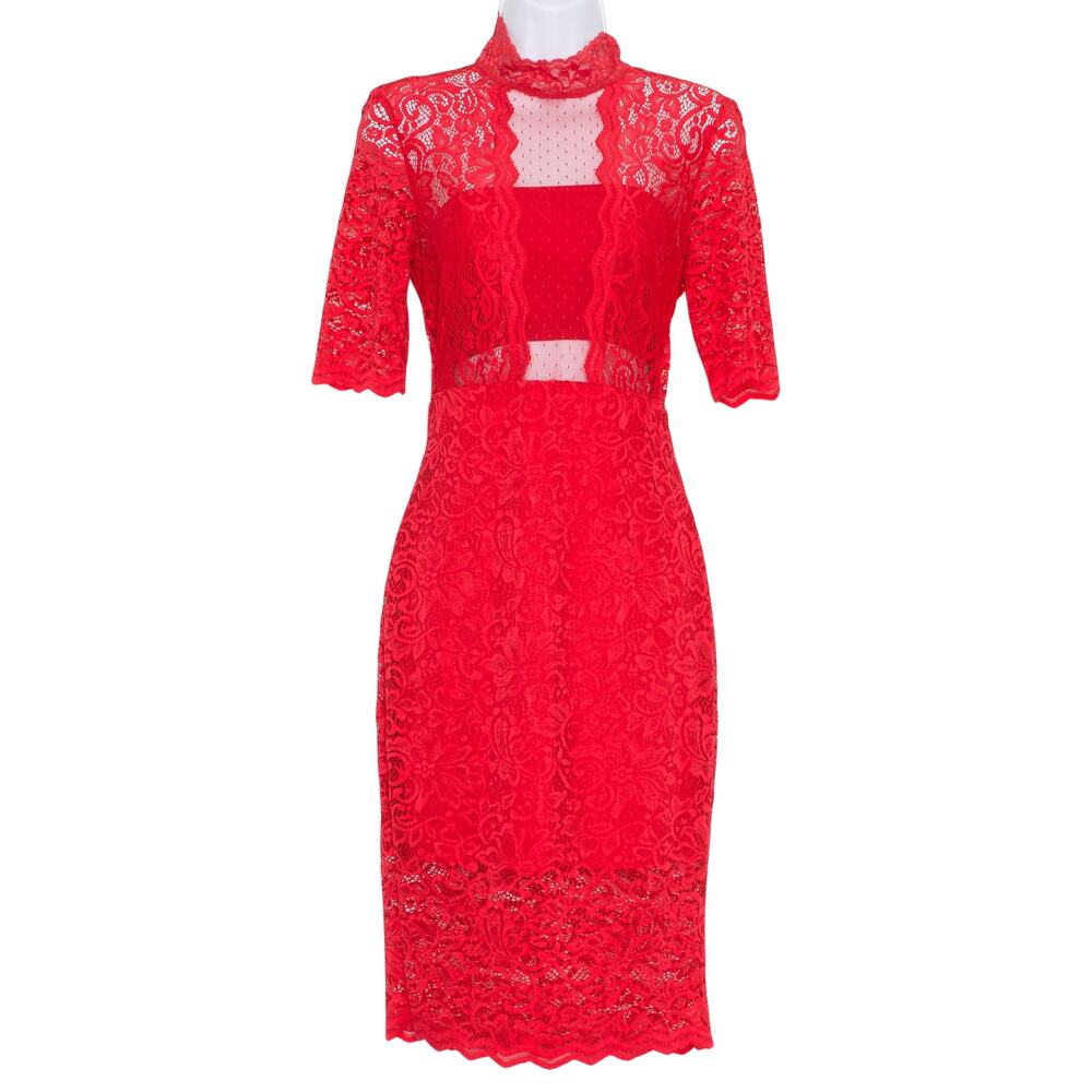 Express Lace Dress Red 4 Bodycon Stretch Cocktail Party Romantic Feminine Lined